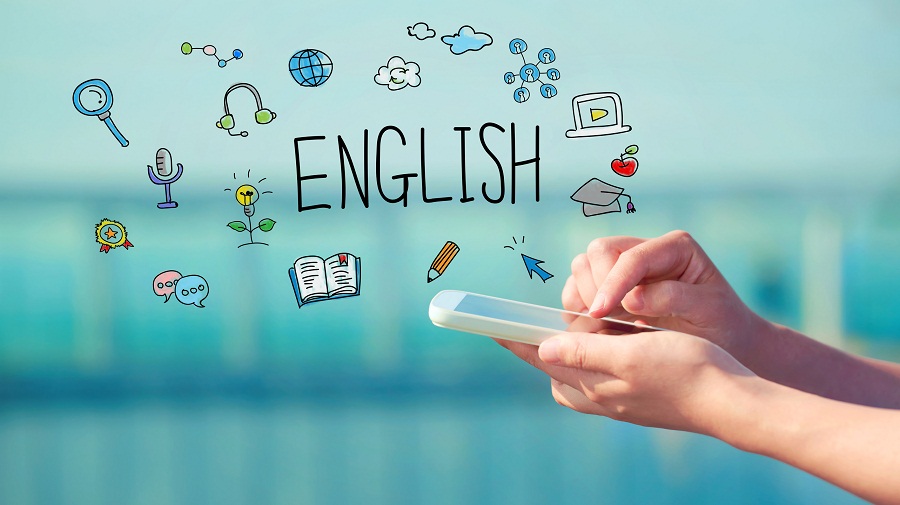 English concept with person holding a smartphone